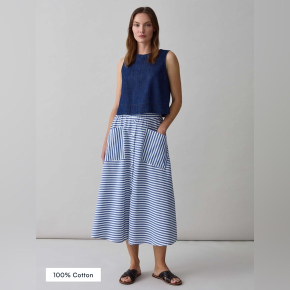 NWOT Piombo Women's Size XL Blue White Stripe Full Midi Skirt 100% Cotton Poplin - Picture 1 of 11
